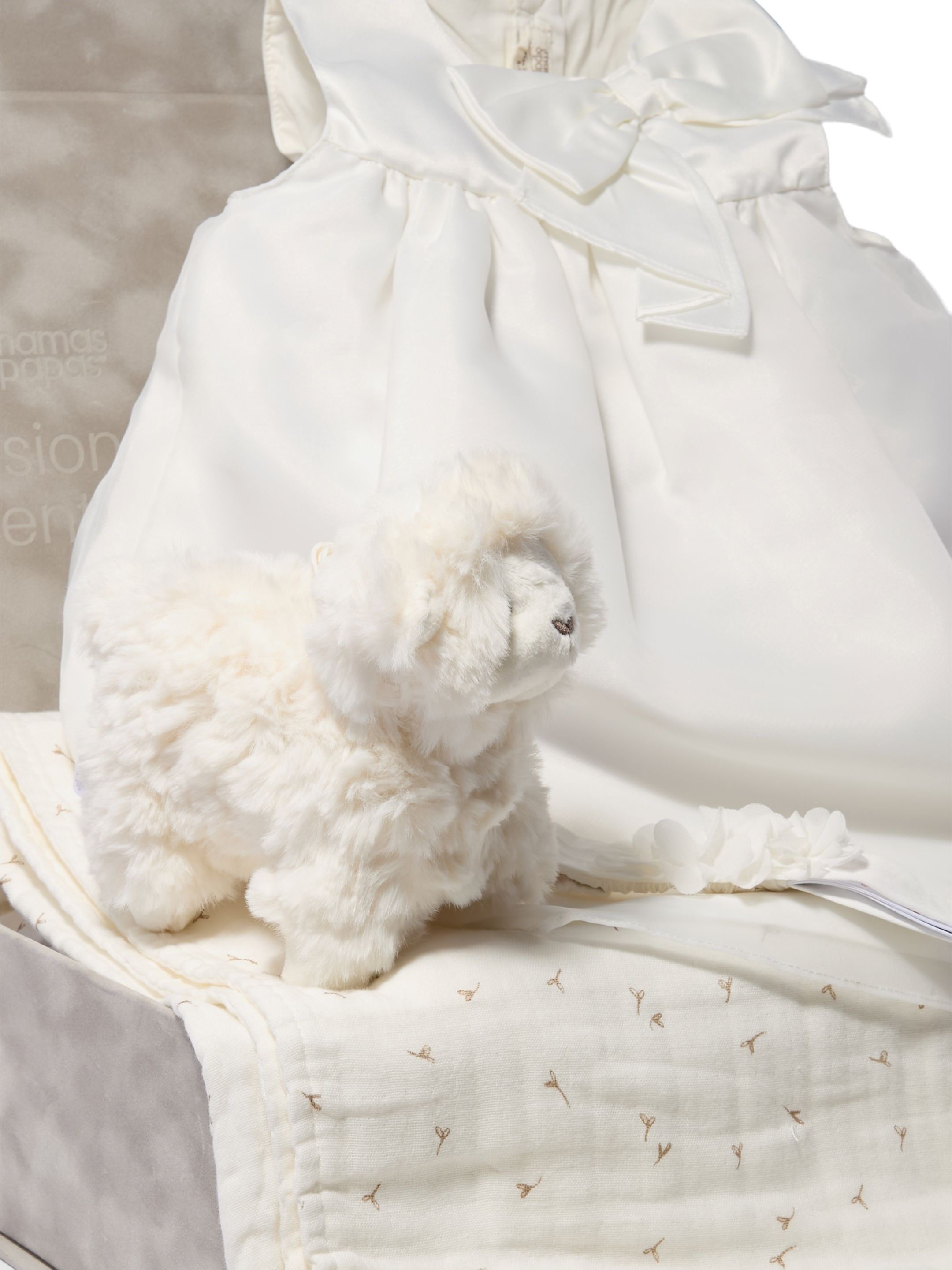 White Organza Bow Dress Baby Gift Set with Muslin Blanket, Headband & Lamb Chime image number 2